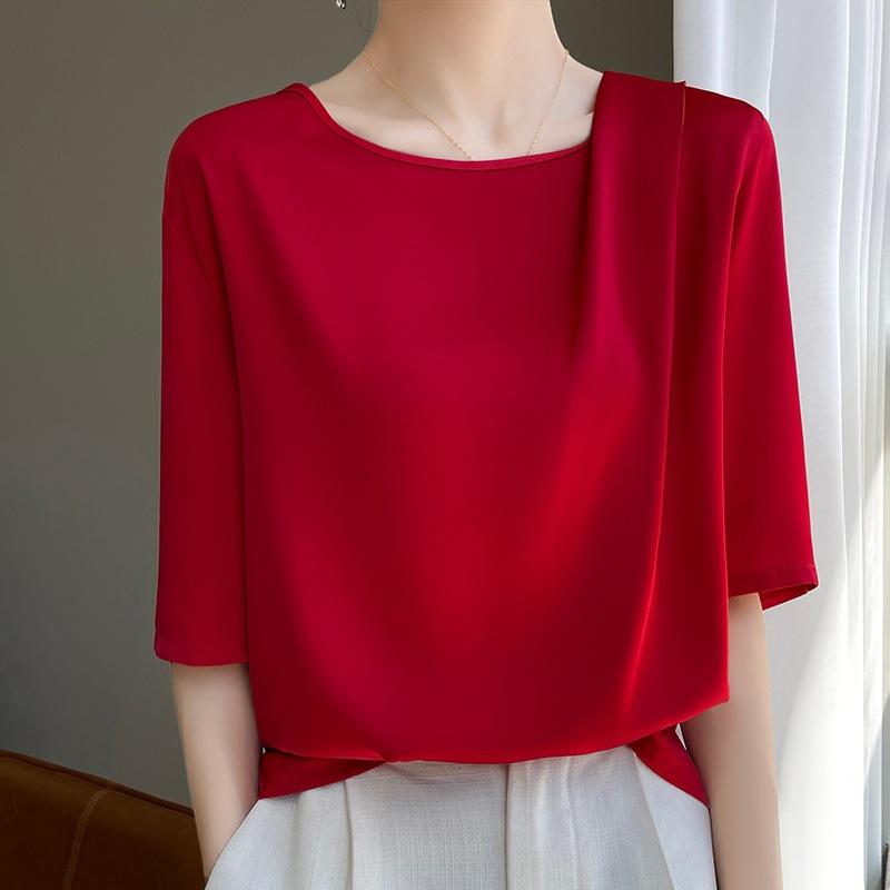 INDFS Women's Fashion Casual Summer Spring Solid Color Print 1/2 Sleevess O-Neck Blouses & Shirts