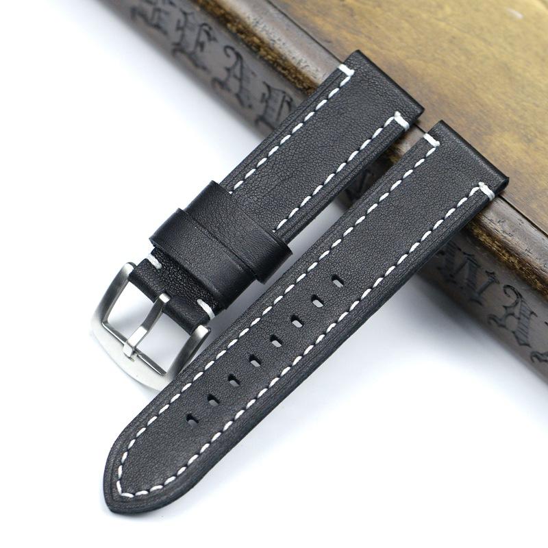 18, 19, 20, 21, 22 мм, мягкий черный с белыми, красными швами, ремешок из натуральной кожи для Samsung S2 S3, военный большой ремешок для часов Pilot