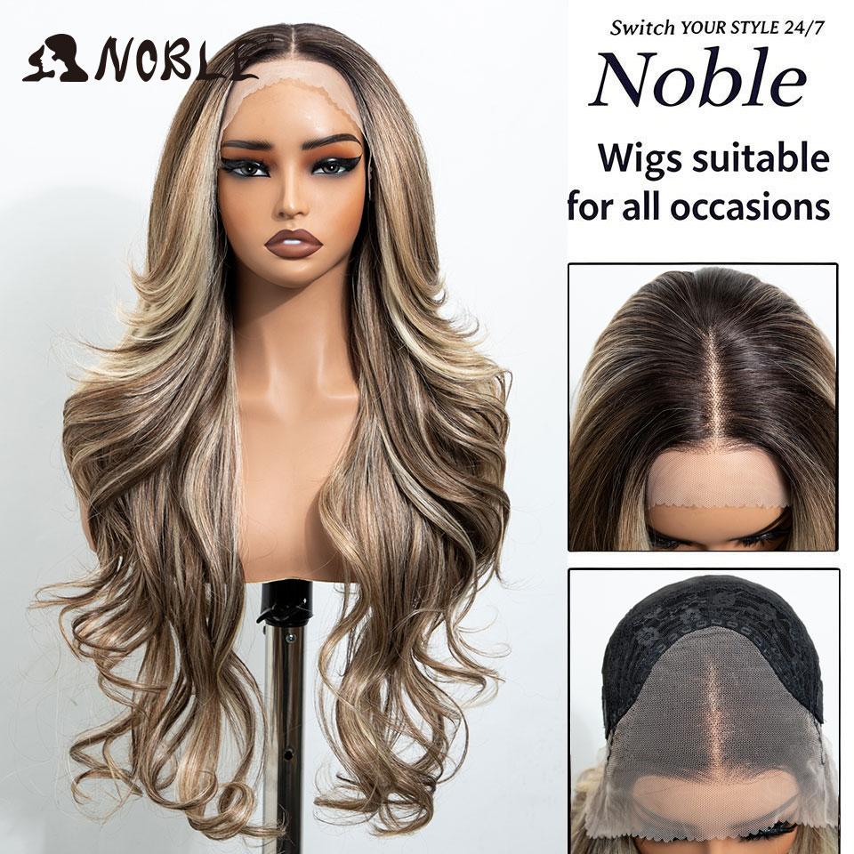 Noble Synthetic Lace Front Wigs For Women 28 Inch Curly Ash Blonde Highlight 13x4 Body Wave Silk Base Lace Wig Cosplay Daily Wig