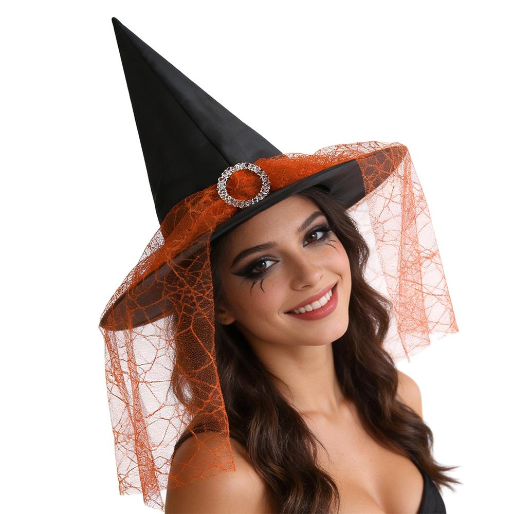 Halloween Witch Hat with Silver Buckle Veil Kids Adult Cosplay Costume Prop Spooky Party Headwear