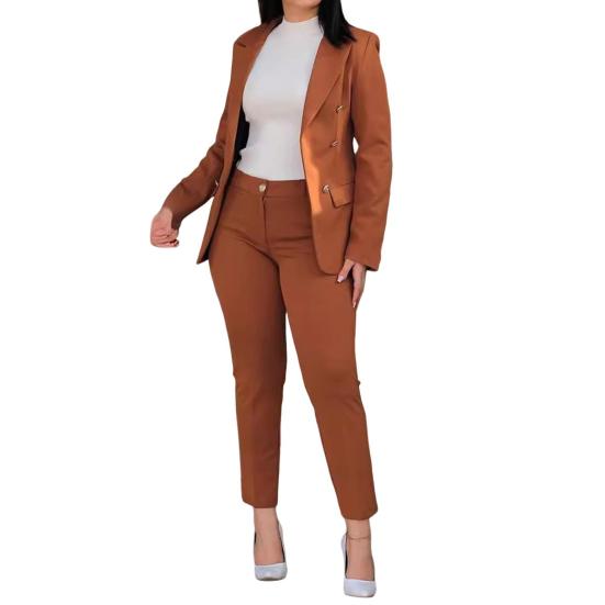 2 шт./комплект женский деловой пиджак брюки комплект отложной воротник двубортный пиджак с длинными рукавами облегающий однотонные брюки повседневная одежда для поездок на работу