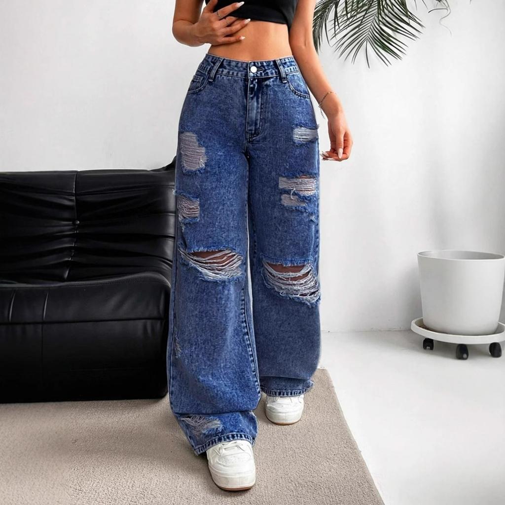 Women's High Waist Washed Women's Jeans Fashionable Versatile Straight Leg Pants