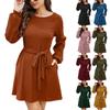 Women's Autumn Winter Fashion Temperament Knitted Belt Solid Color Long Sleeve Dress
