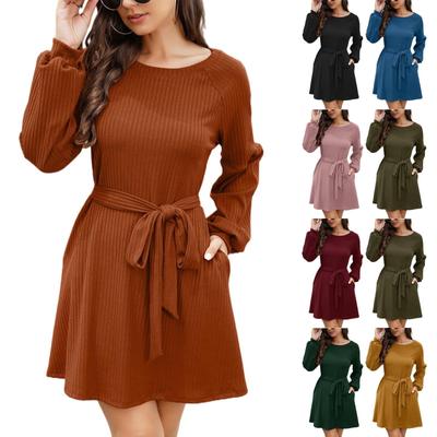 Женское осенне-зимнее модное темпераментное вязаное платье с длинным рукавом и однотонным поясом