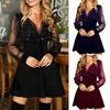 New Mesh Patchwork Solid Color V-neck Long Sleeved Sexy Elegant Dress for Women