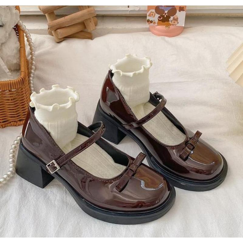 Женские лоферы Ретро Коричневые туфли Мэри Джейн Женские Толстый каблук Пряжка на щиколотке Туфли Лолита Женские Форменные Пу Кожаные Туфли-лодочки