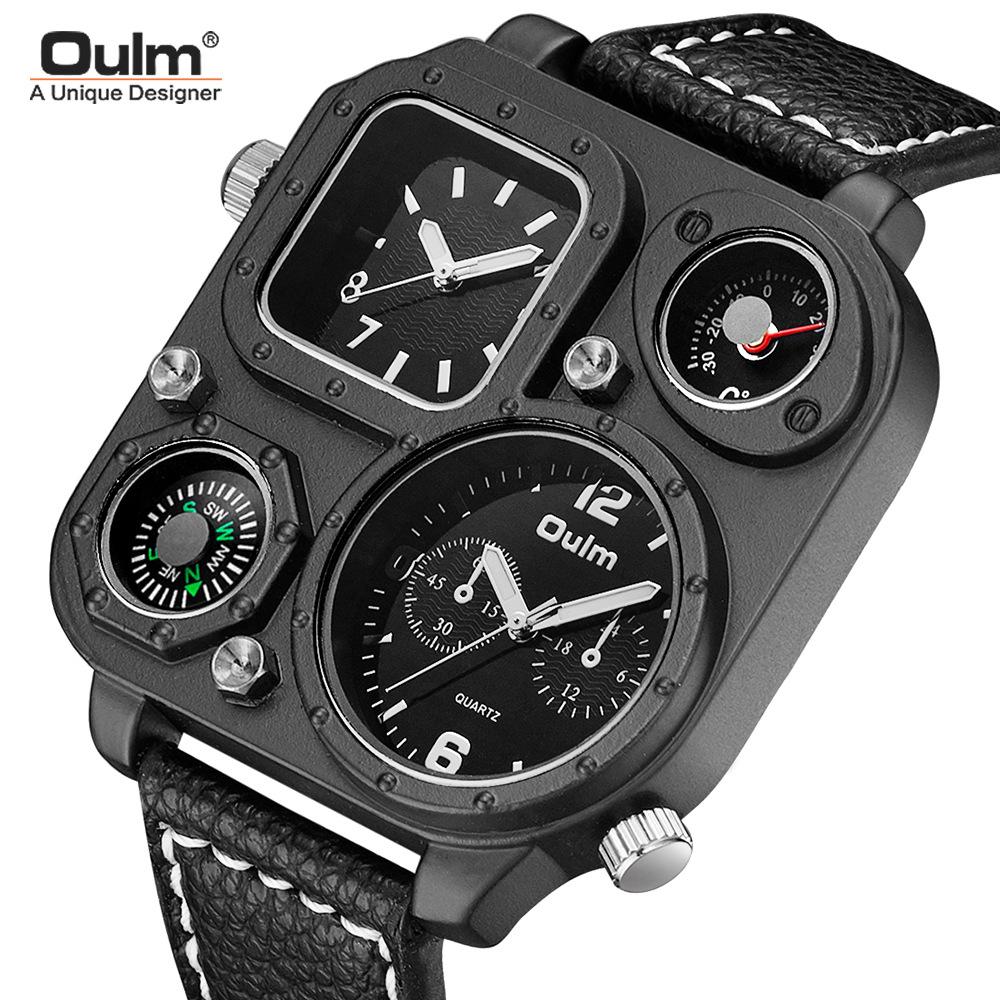 Oulm 1169 Big Dial Analog Luminous Hands Quartz Wrist Watch Clock PU Leather Band Multiple Time Zone Fashion Casual Mens Watch