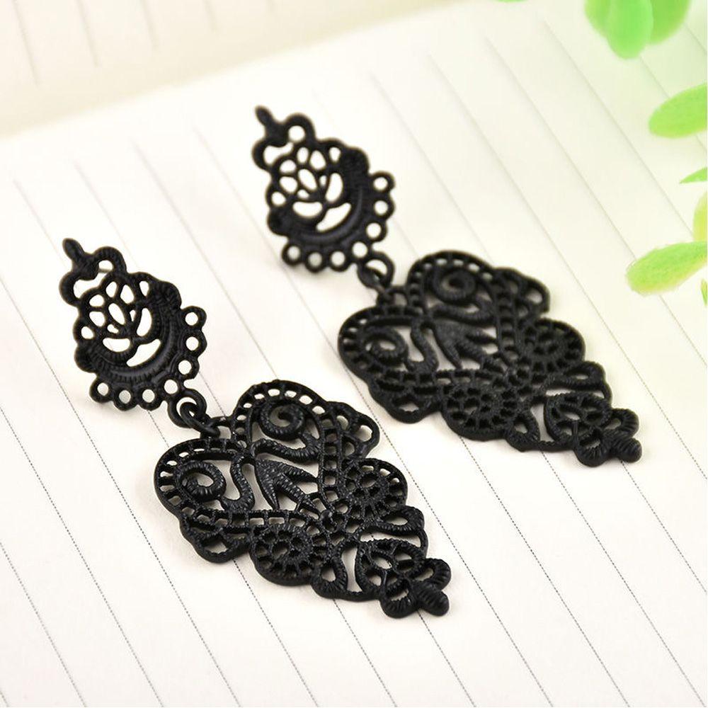 Pierced Drop Long Fashion Hollow Black Zinc Zinc Alloy Dangle Earrings Leaves Earrings