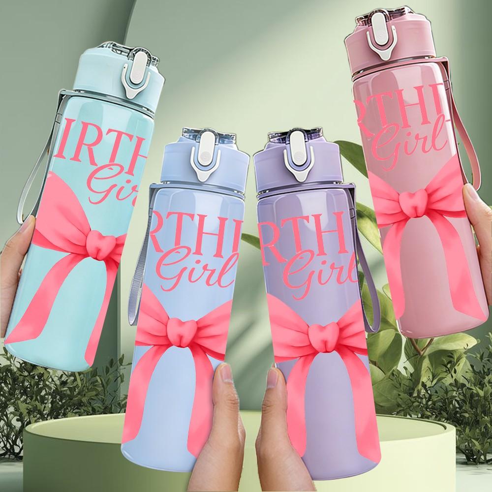 1PC Birthday Girl Pink Bow Ribbon Print 750ml Color Plastic Sports Water Bottle Leakproof Flip Straw Lid Suitable for Sports Office Home Use