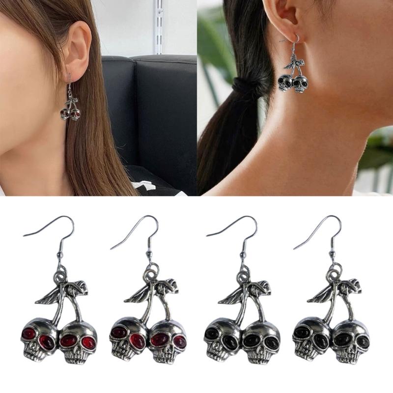 Skull Cherry Dangle Earrings Edgy Jewelry Gothic Skeleton Pendant Earring Hip Hop Jewelry for Women Girl Halloween Decor