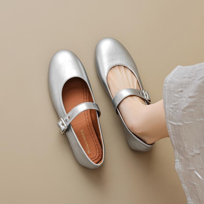 French Single Shoes Women's Flat Shallow One Strap Mary Jane Shoes Silver Soft Bottom Ballet Shoes