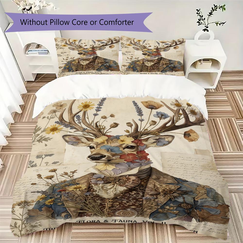 Retro Deer Pattern Bedding uilt Set uilt Cover Pillowcase Home Decoration Birthday Gift (1 * duvet cover + 2 * pillowcase without core)