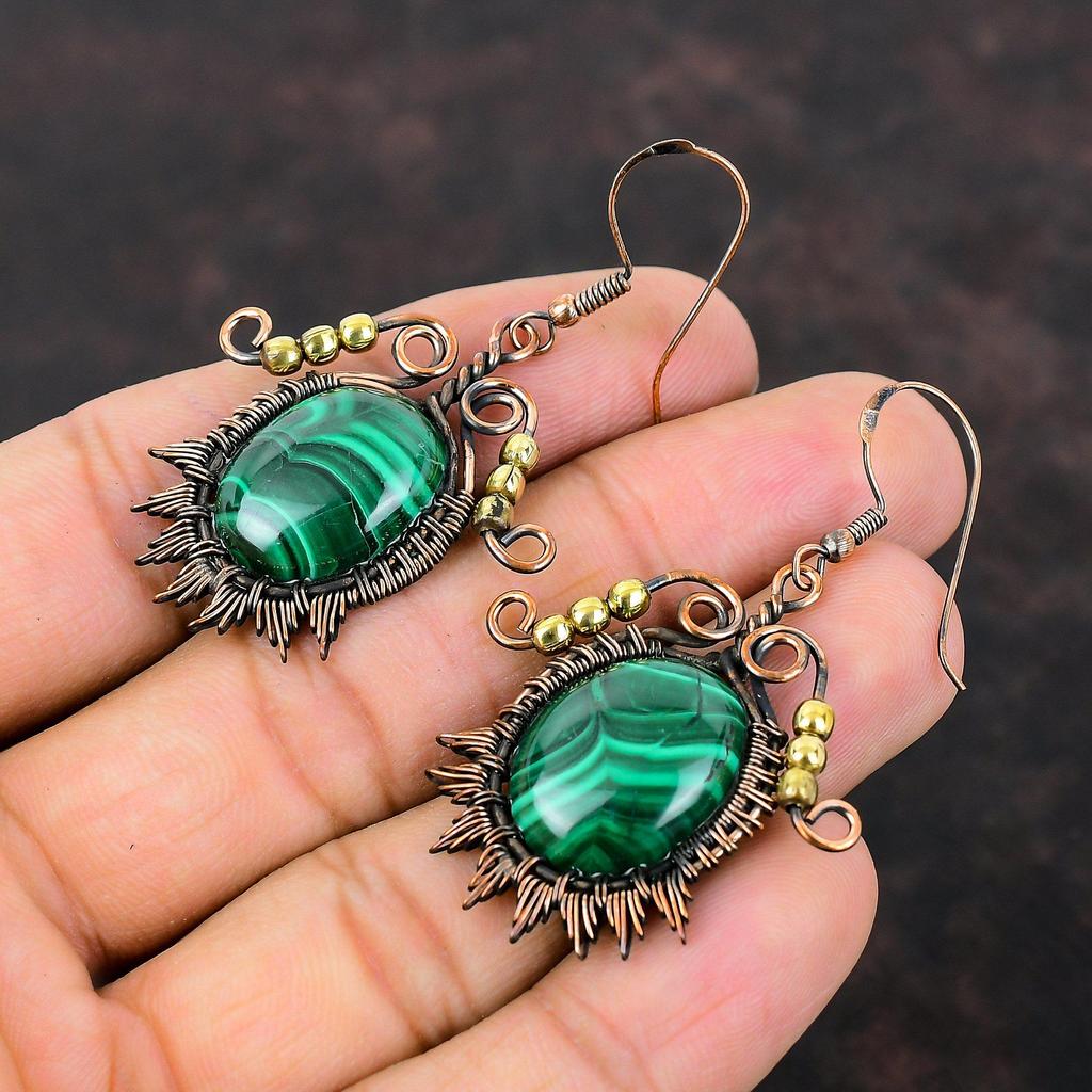 Малахитовые серьги, серьги из медной проволоки, серьги с драгоценными камнями, ювелирные изделия ручной работы, женские серьги, красивые медные украшения, стильные серьги, подарок для нее