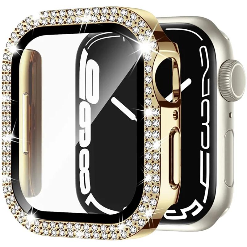 Стеклянный+Алмазный Чехол для корпуса Apple Watch 46 мм 40 мм 44 мм 41 мм 42 мм 45 мм Блестящий Бампер Защита для iWatch Серии 11 10 9 SE 7 8