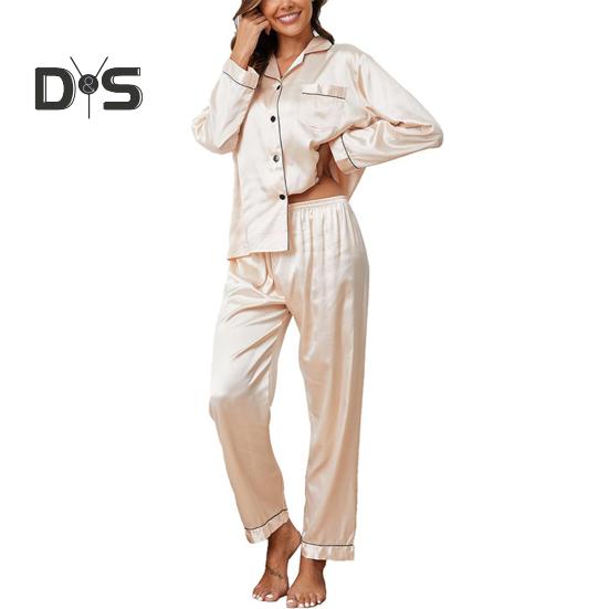 Пижамный костюм из 2 предметов, атласный однобортный кардиган, рубашка с V-образным вырезом, воротником-стойкой, однотонная рубашка с нагрудным карманом, широкие свободные брюки, ночная рубашка
