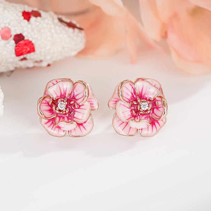 Huitan Aesthetic Women Stud Earrings Pink Flower Shaped Party Daily Lady Accessories Wedding Elegant Trendy Jewelry with CZGood product