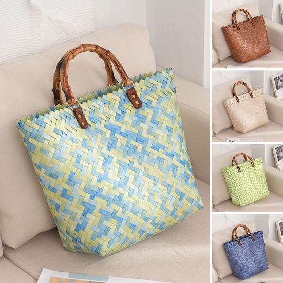 Пляжная сумка с деревянной ручкой. Изысканный многофункциональный плетеный вручную ротанг, большой соломенный дорожный аксессуар, ежедневное хранение.