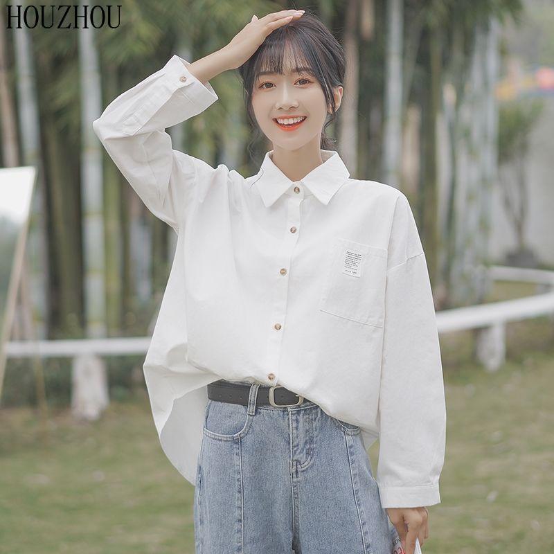 HOUZHOU белая рубашка женская с карманом и длинным рукавом размера плюс для студентов, милая корейская шикарная классика