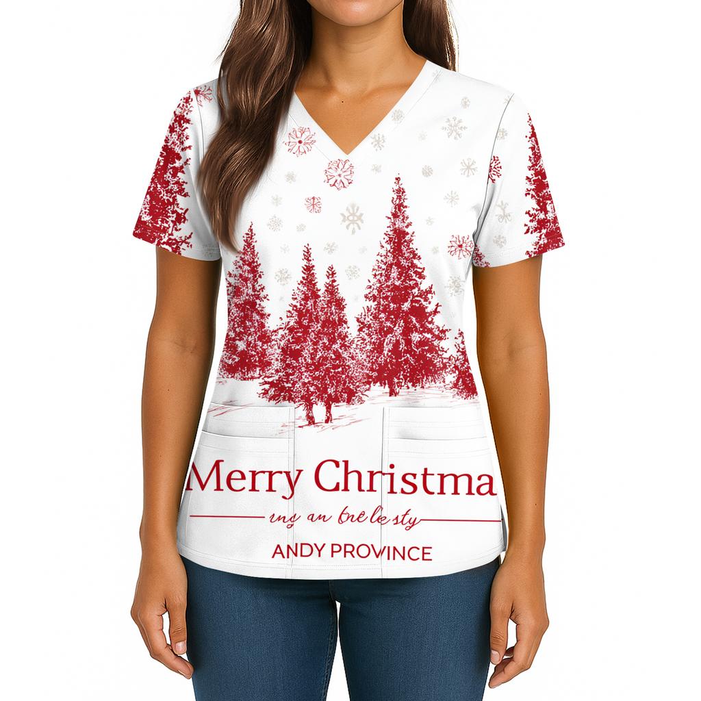 Women's Christmas Print V-Neck Double Pocket Short Sleeves Hem Slit Uniform And Caregiver Top