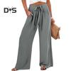 Женские брюки с эластичной талией, повседневные свободные брюки с карманами, однотонные широкие длинные брюки для работы и отдыха