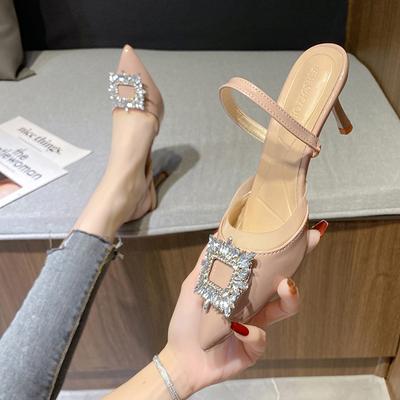 Новый стиль Кристальные Тонкие Каблуки Мюли Женские Тапочки Элегантный Острый Носок Банкет Вечеринка Выпускной Вечер Женская Обувь Zapatos Mujer