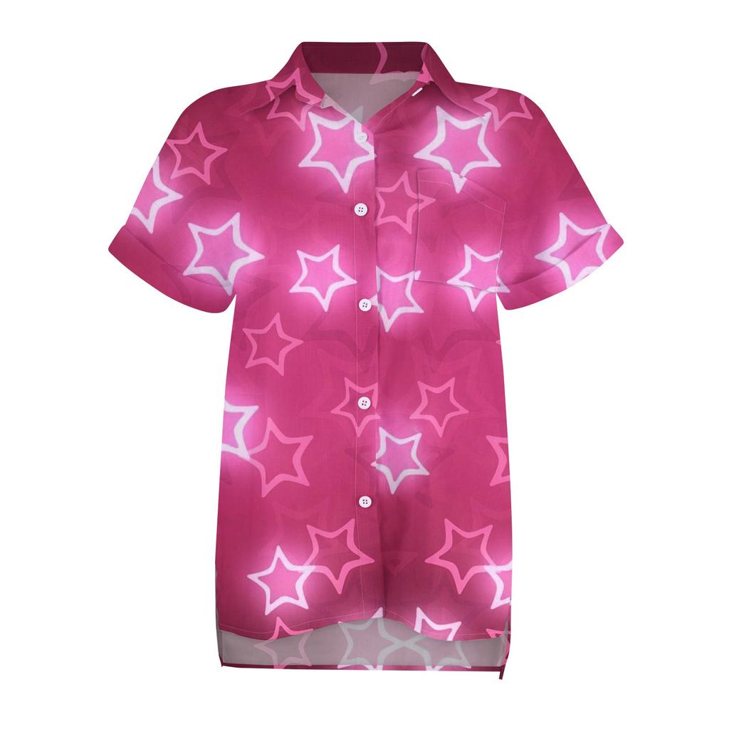 Женская свободная повседневная рубашка с короткими рукавами и отворотом с цифровым принтом и карманом