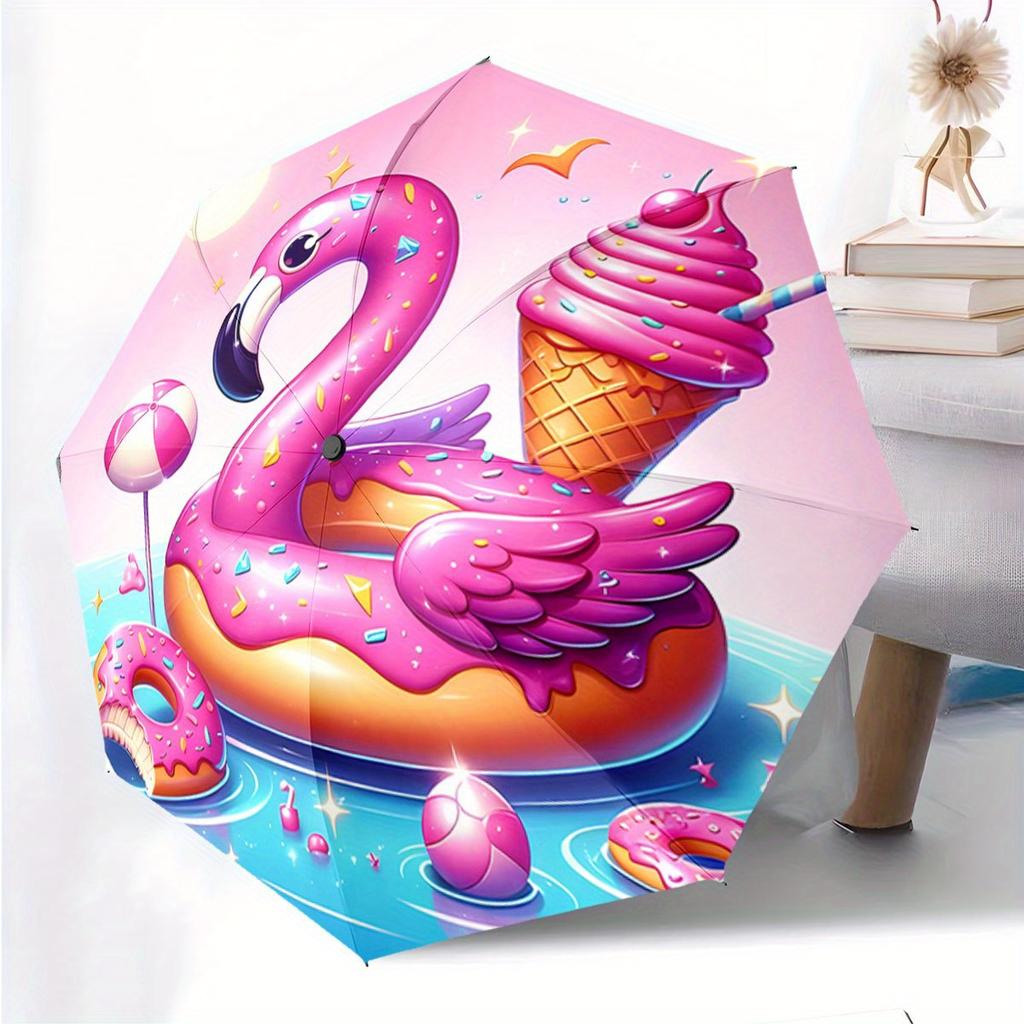 Automatic Open/Close Umbrella - Pink Flamingo Donut with Sprinkles & Ice Cream Cone, Compact Folding Canopy, All-Season Portab