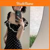 Элегантное летнее черное платье в горошек А-силуэта с короткими рукавами для женщин