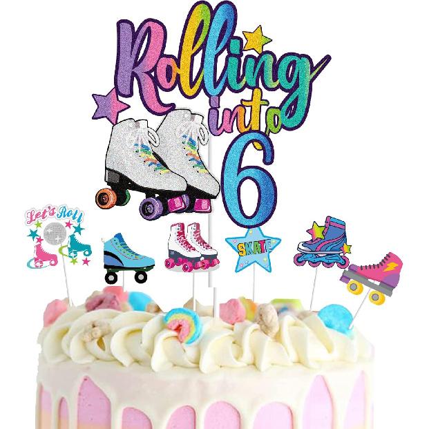 7Pcs Rolling into 10 Theme Cake Toppers Sets Roller Skate Happy 10th Birthday Themed Set Cake Decoration Girls Club Rolling 10 Years Old Supplies