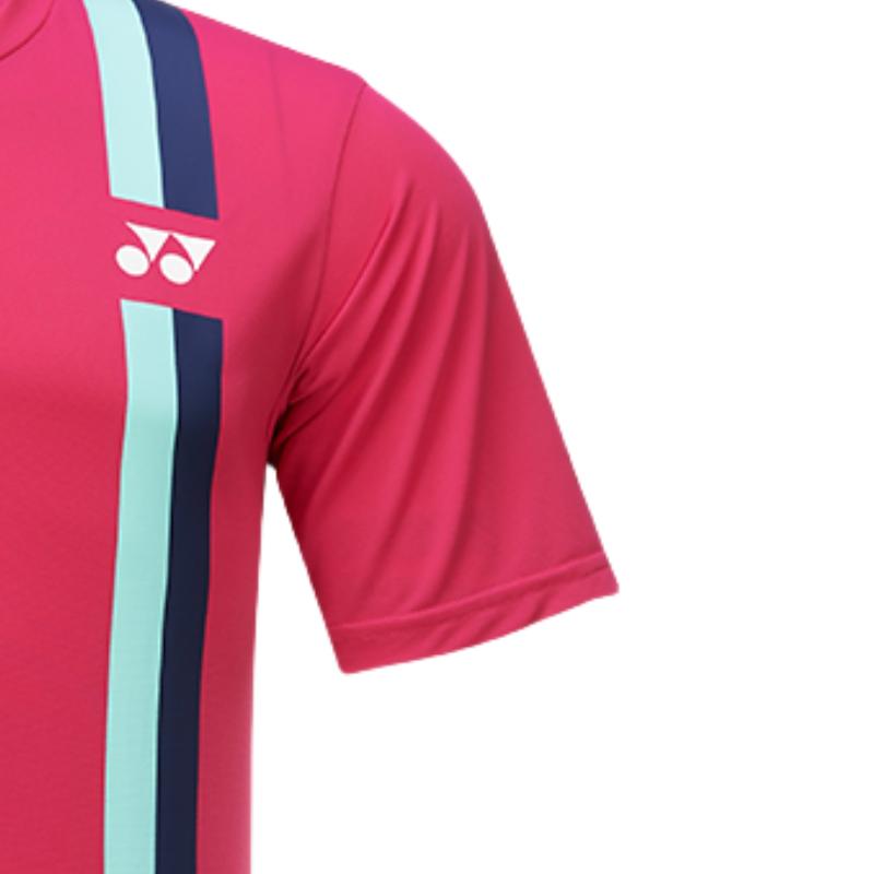 YONEX Мужская футболка для бадминтона с вертикальной полоской, быстросохнущая, с круглым вырезом, с коротким рукавом, топ, розово-фиолетовый 115201BCR