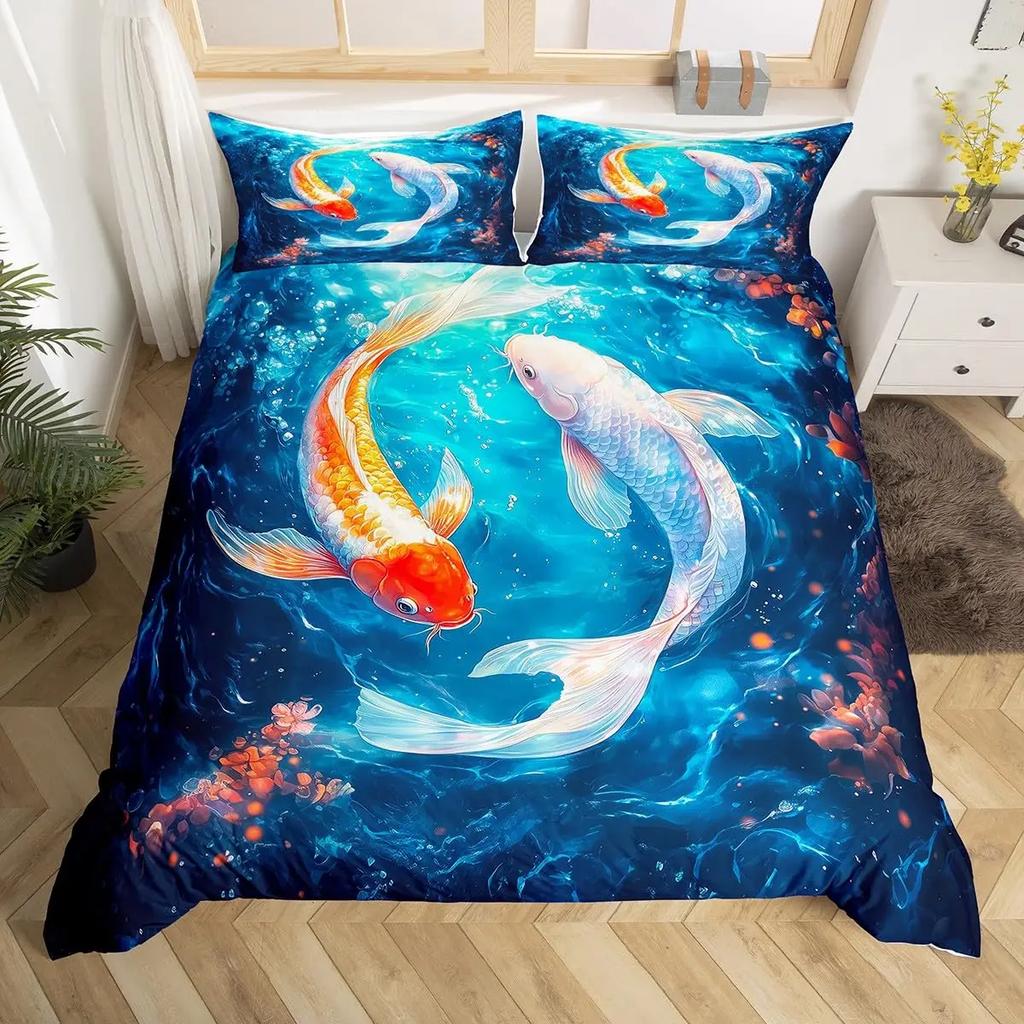 Goldfish Bedding Set Fantasy Yin Yang Fish Duvet Covet Cherry Blossom Flowers Theme Blue Sea Wave Breathable Bedding Set