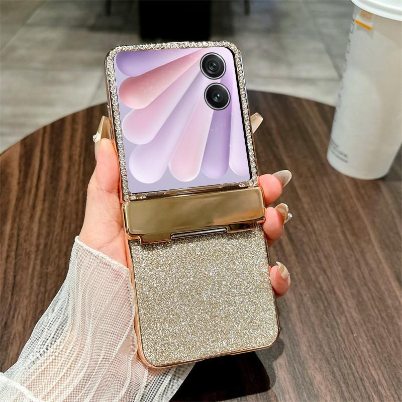 Luxury Electroplated Glitter Flip Phone Case Honor Magic V 2 - Shockproof Scratch Resistant PC Cover In Gold Black