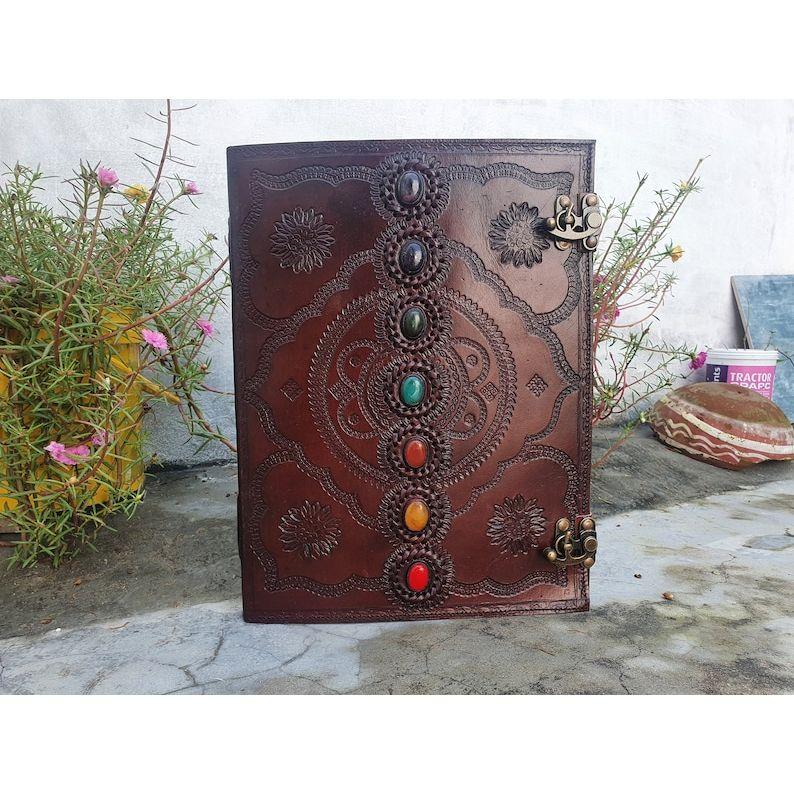 New Large Seven Stone Leather Journal, Book of Shadows, Journal, Wedding Guest Book, Leather Grimoire, Travel Notebook Gift for Him Her Gifts