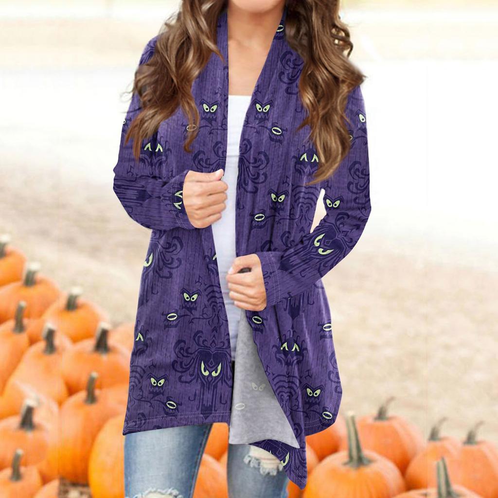 Женский модный повседневный кардиган средней длины с принтом на Хэллоуин, куртка, пальто