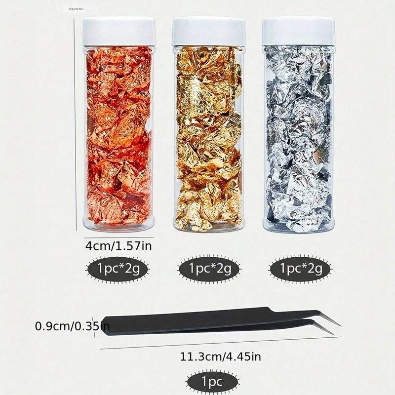 Gold Foil Flakes Set Tweezers 3 Bottles Metallic Foil Flakes for Candle Resin Nails Painting Art Crafts Silver Copper Birthday Gifts