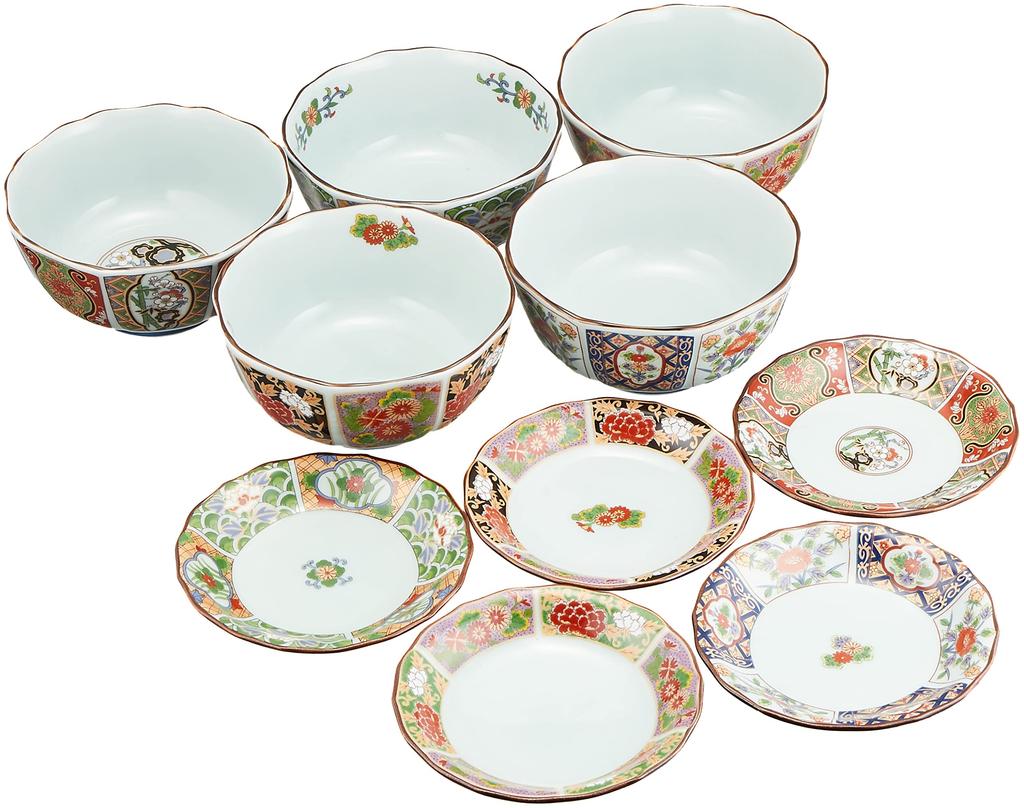 Tableware Nishiki Japanese Bowl X5pcs and Plate X5pcs Set Ko-Imari Set, Porcelain/Size(cm) 12x5.6, 11.3x2/No099994