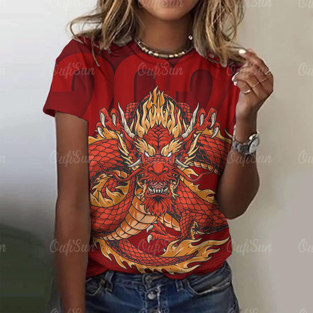 Женская футболка с принтом 3D-дракона в китайском стиле, новый пуловер для женщин с круглым вырезом, повседневный короткий рукав, 2024, модные уличные топы