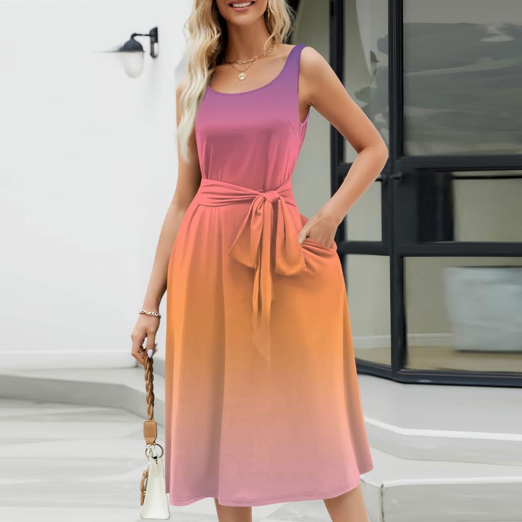 Летние платья для женщин 2024, пляжные свободные с круглым вырезом, без рукавов, миди-трапеции, распашное платье, сарафаны с карманами