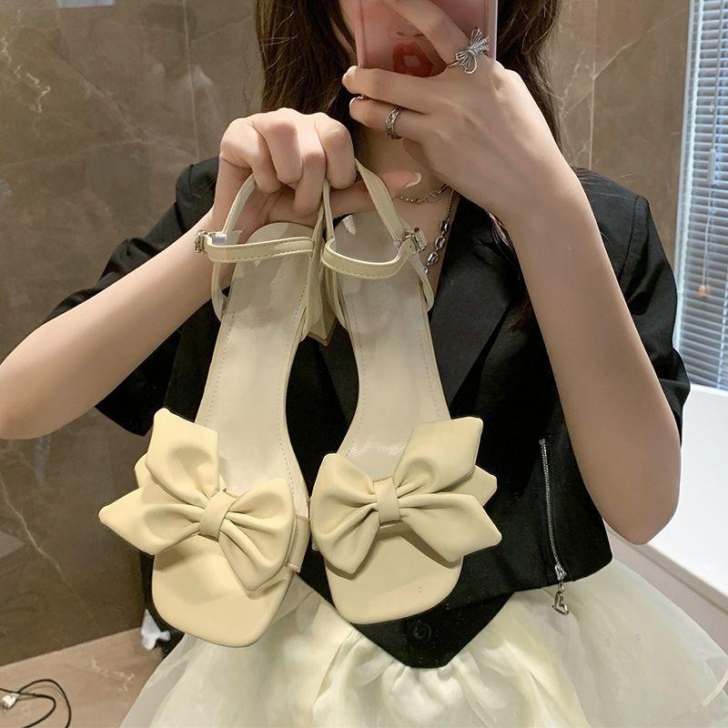 Summer 2024 with Medium Heels Women's Shoes Open Toe Footwear Buckles Bow Square Sandals for Woman New Breathable Fashion Sale H