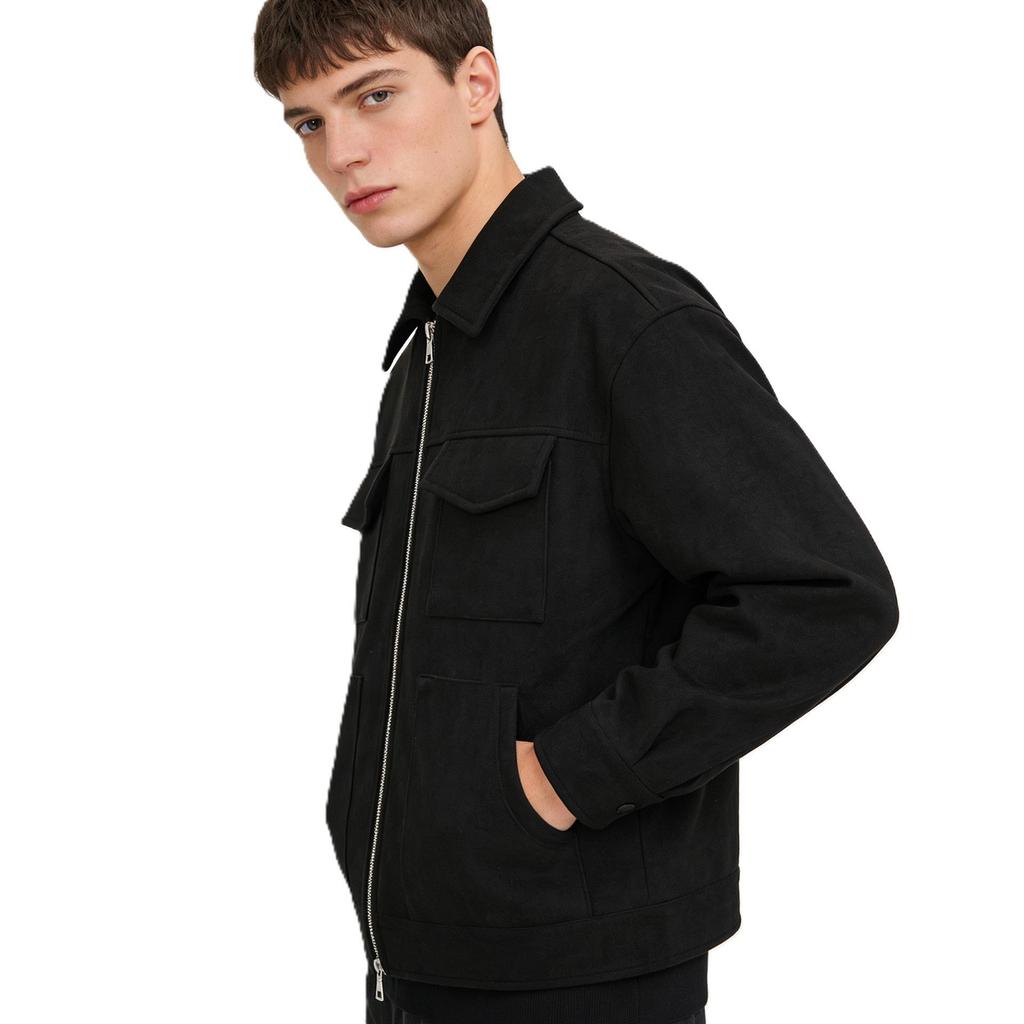 Men's Trendy Suede Velvet Zipper Jacket with Large Pockets - Casual Lapel Design for Spring and Autumn