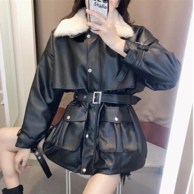 Leather Jacket Women's Mid-length Winter New Korean Style Loose Cotton Jacket Plus Velvet Thickened Motorcycle Popular PU Leather Jacket