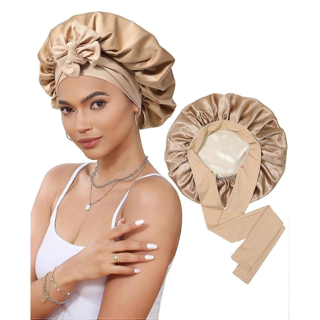 Satin Bonnet Silk Bonnet for Sleeping Silk Sleep Cap Double Layer Hair Bonnet with Elastic Tie Band for Curly Hair Night Cap