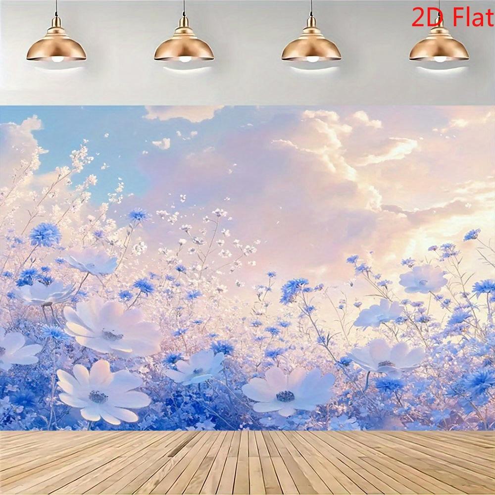 2D plane, dreamy floral background banner - Pink and blue ocean with soft clouds, polyester fabric, home decoration