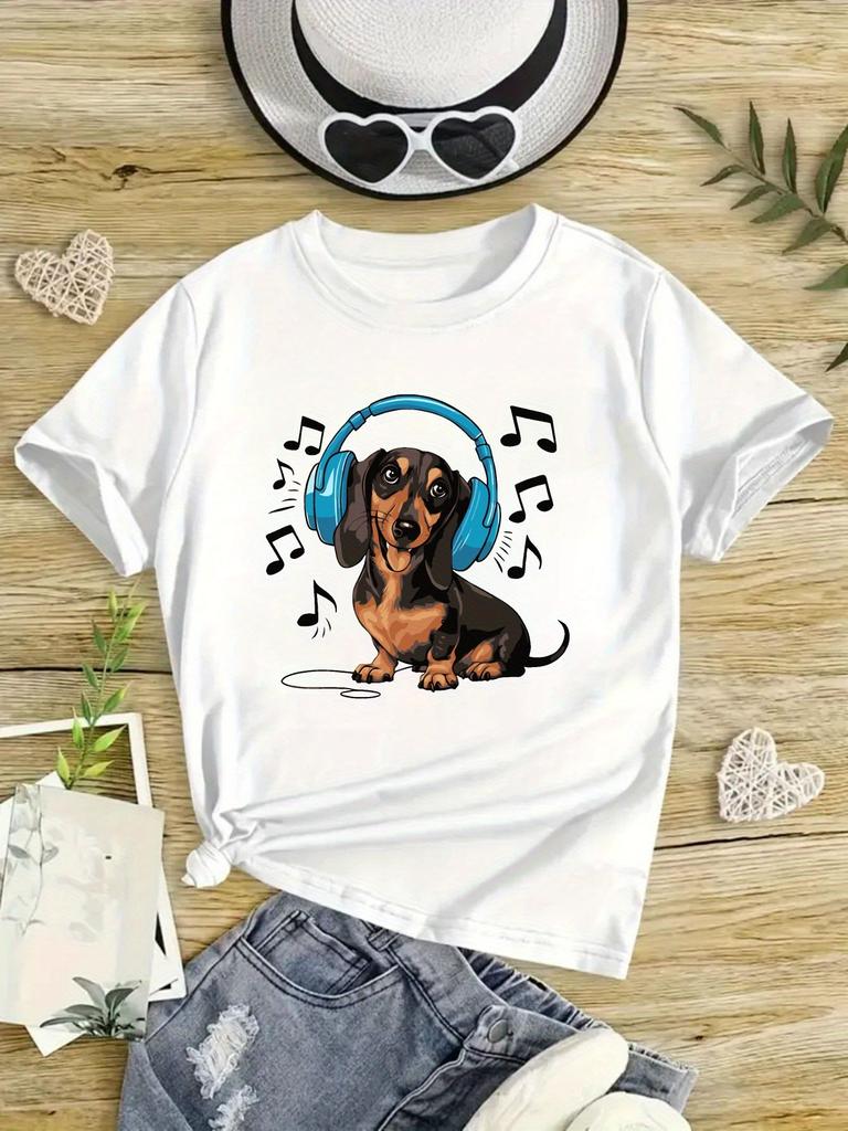Girls Soft TShirt Fun Dachshund Music Graphic Comfortable ShortSleeve Summer Top for Youngsters Summer Wear Fun Animal Print