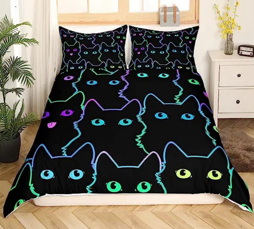 Мультяшный набор пододеяльников с кошкой, размер Queen King, милый принт с животными, постельное белье, подходит для декора комнаты мальчиков и девочек, подарок, набор из 3 предметов