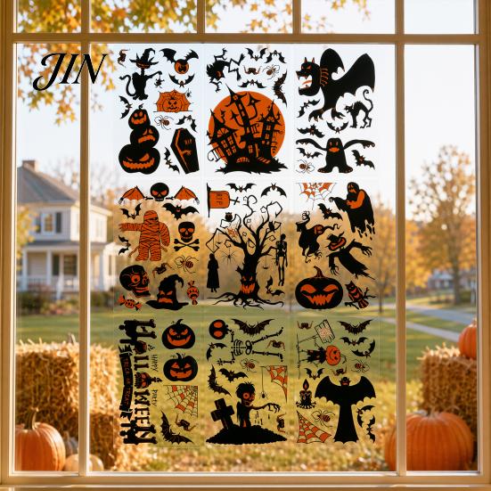 Bat And Spider Window Decals 9 Sheets Halloween Clings, Happy Pumpkins Witch Ghost Bats Castle Spooky Decorations Stickers, PVC Waterproof for