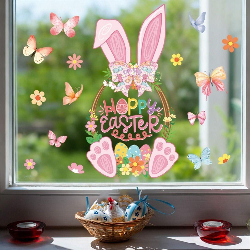 Pink Rabbit Basket Electrostatic Stickers Rabbit Bunny Wall Decal Happy Easter Party