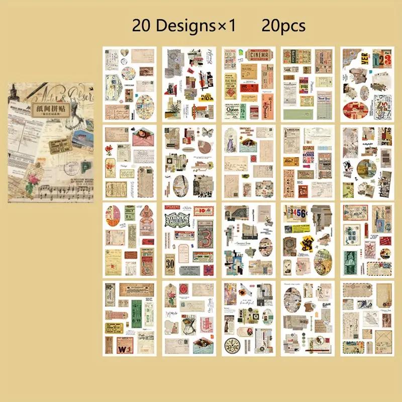 20 Sheets Sticker Book, Retro Diary Material DIY Decoration Sticker For Junk Journal Decorative Background Supplies Art Album