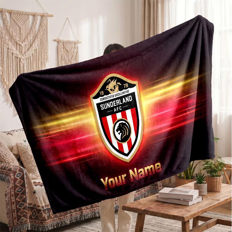 Sunderland FC Personalized Fleece Blanket With Football Logo, Custom Name Text Soft Warm Home Throw Blanket