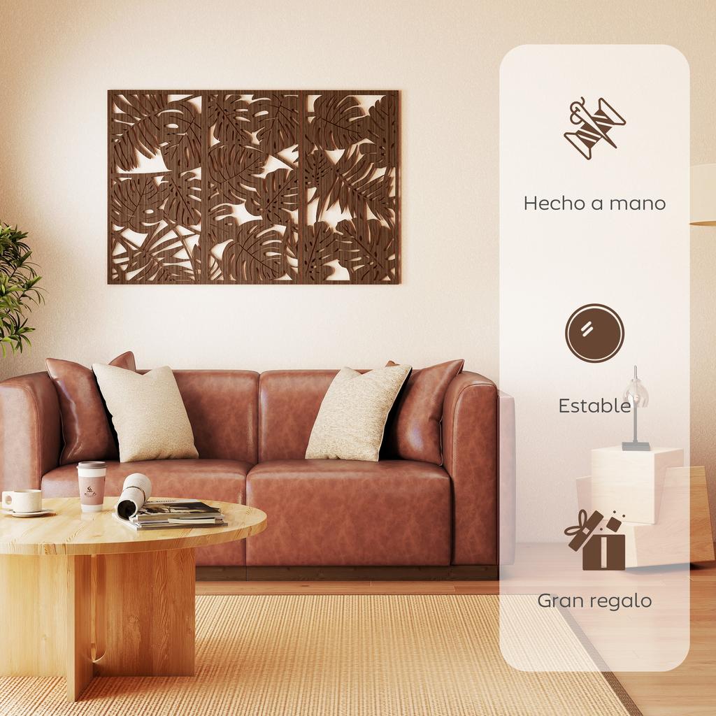 Wooden Wall Decoration, 3D, 3 Pieces, 40 x 80 cm, Tropical Leaf Pattern, Walnut